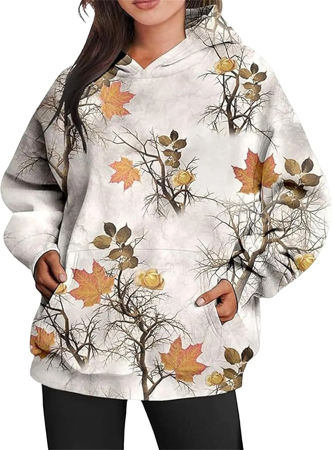 Womens Camo Hoodies Sweatshirt Maple Leaf Print Oversized Hooded Sweatshirt Long Sleeve Fall Pullover Top with Pockets
