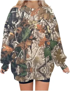 Women's Camo Sweatshirt Maple-Leaf Print Oversized Sweatshirt Fleece Crewneck Shirts Casual Fall Pullover Tops
