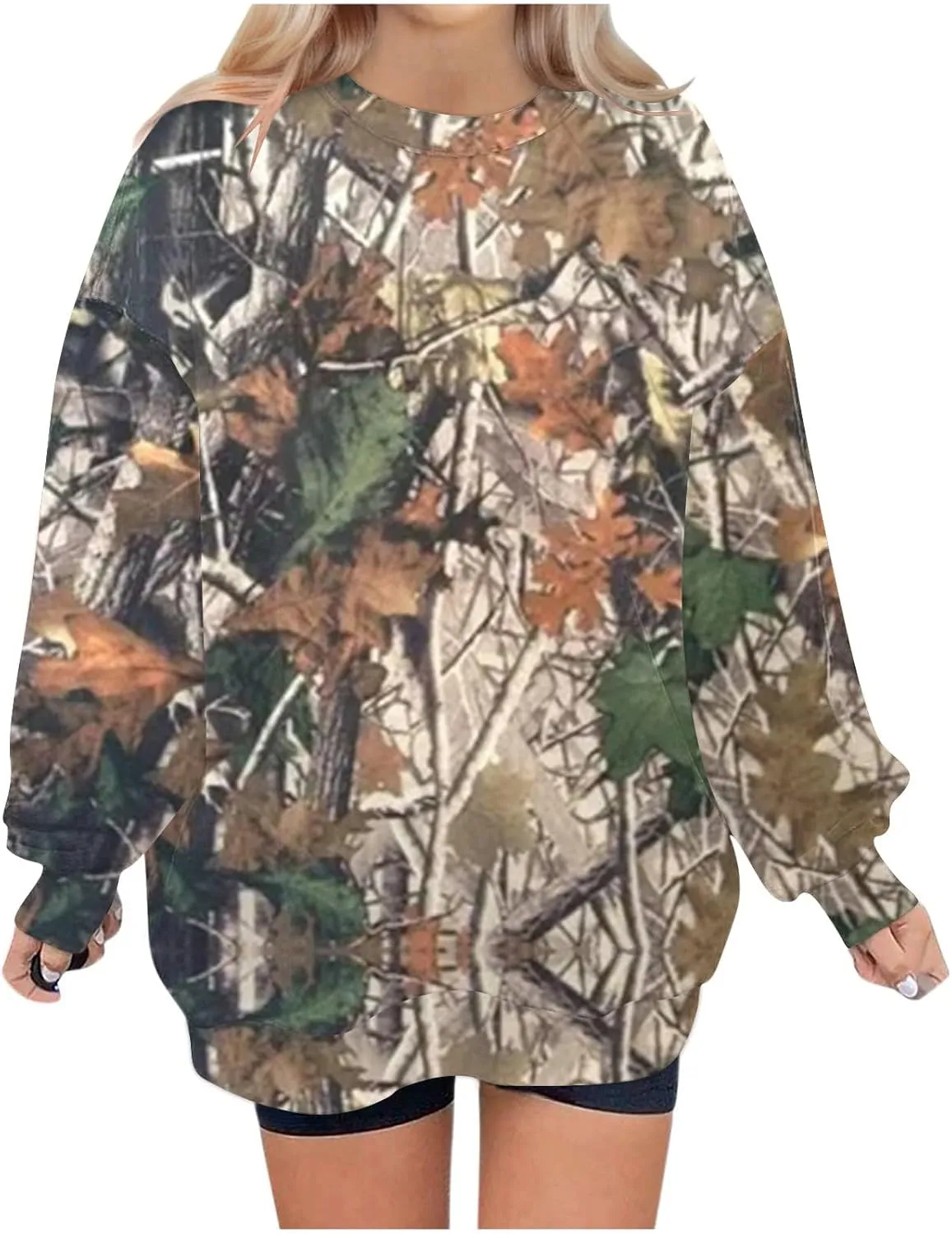 Women's Camo Sweatshirt Maple-Leaf Print Oversized Sweatshirt Fleece Crewneck Shirts Casual Fall Pullover Tops