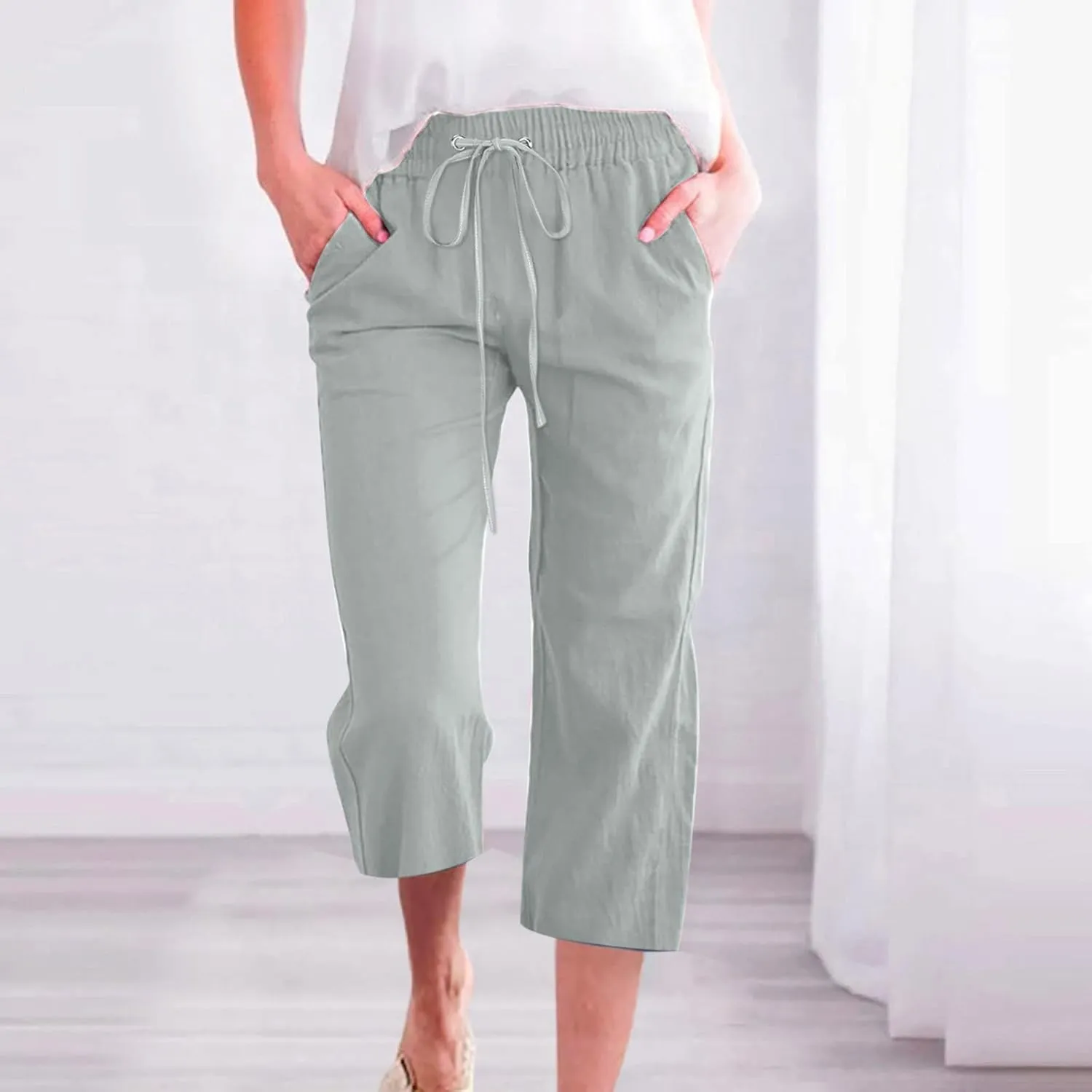 Womens Capris Linen Pants High Waist Drawstring Comfy Casual Pants Lounge Lightweight Loose Trousers with Pockets
