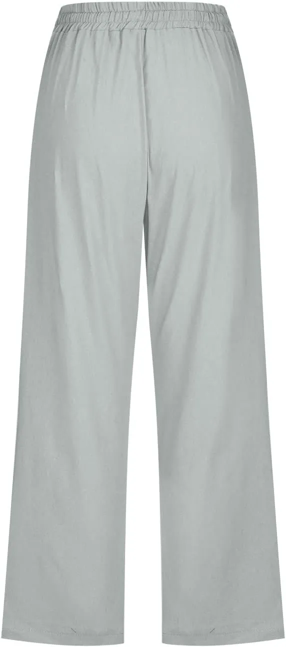 Womens Capris Linen Pants High Waist Drawstring Comfy Casual Pants Lounge Lightweight Loose Trousers with Pockets
