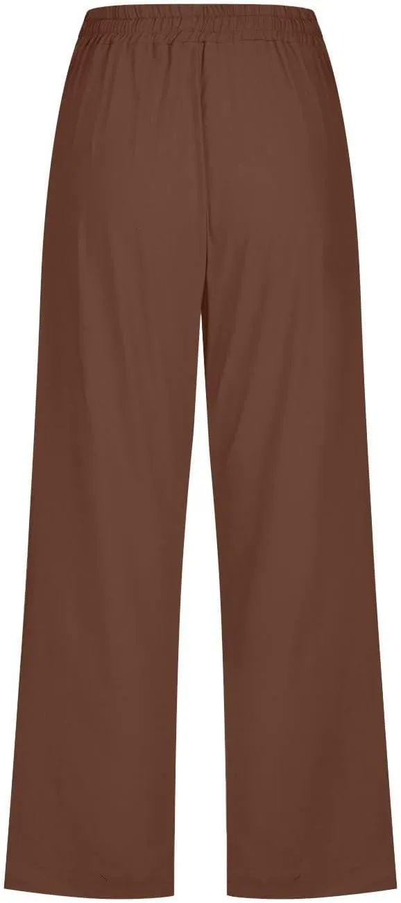 Womens Capris Linen Pants High Waist Drawstring Comfy Casual Pants Lounge Lightweight Loose Trousers with Pockets