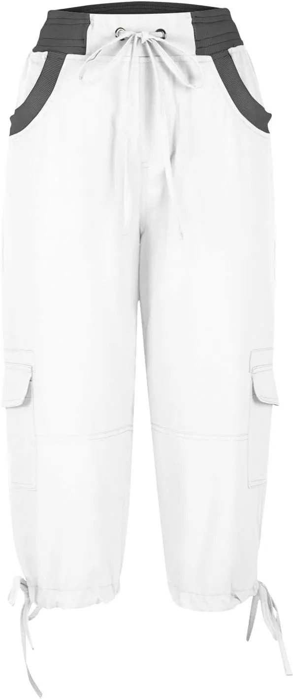 Womens Cargo Capris Pants Summer Casual Drawstring Low Waisted Hiking Jogger Outdoor Athletic 3/4 Trousers Pockets
