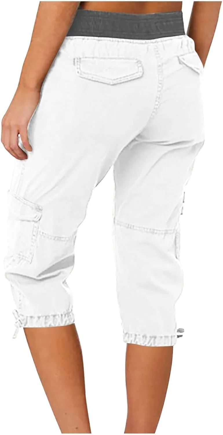 Womens Cargo Capris Pants Summer Casual Drawstring Low Waisted Hiking Jogger Outdoor Athletic 3/4 Trousers Pockets
