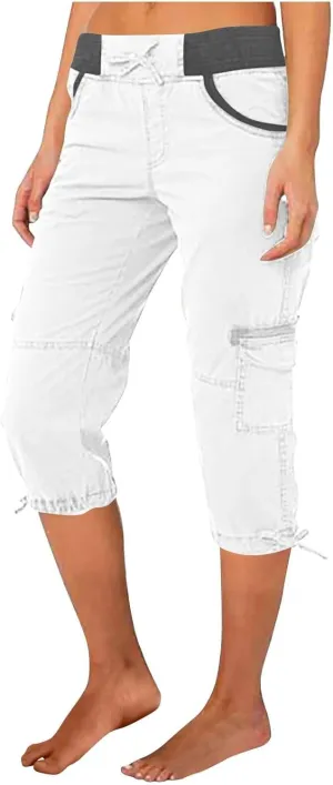 Womens Cargo Capris Pants Summer Casual Drawstring Low Waisted Hiking Jogger Outdoor Athletic 3/4 Trousers Pockets