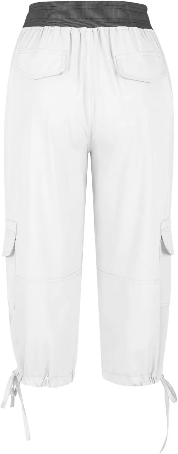 Womens Cargo Capris Pants Summer Casual Drawstring Low Waisted Hiking Jogger Outdoor Athletic 3/4 Trousers Pockets