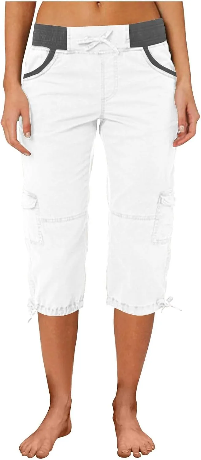 Womens Cargo Capris Pants Summer Casual Drawstring Low Waisted Hiking Jogger Outdoor Athletic 3/4 Trousers Pockets