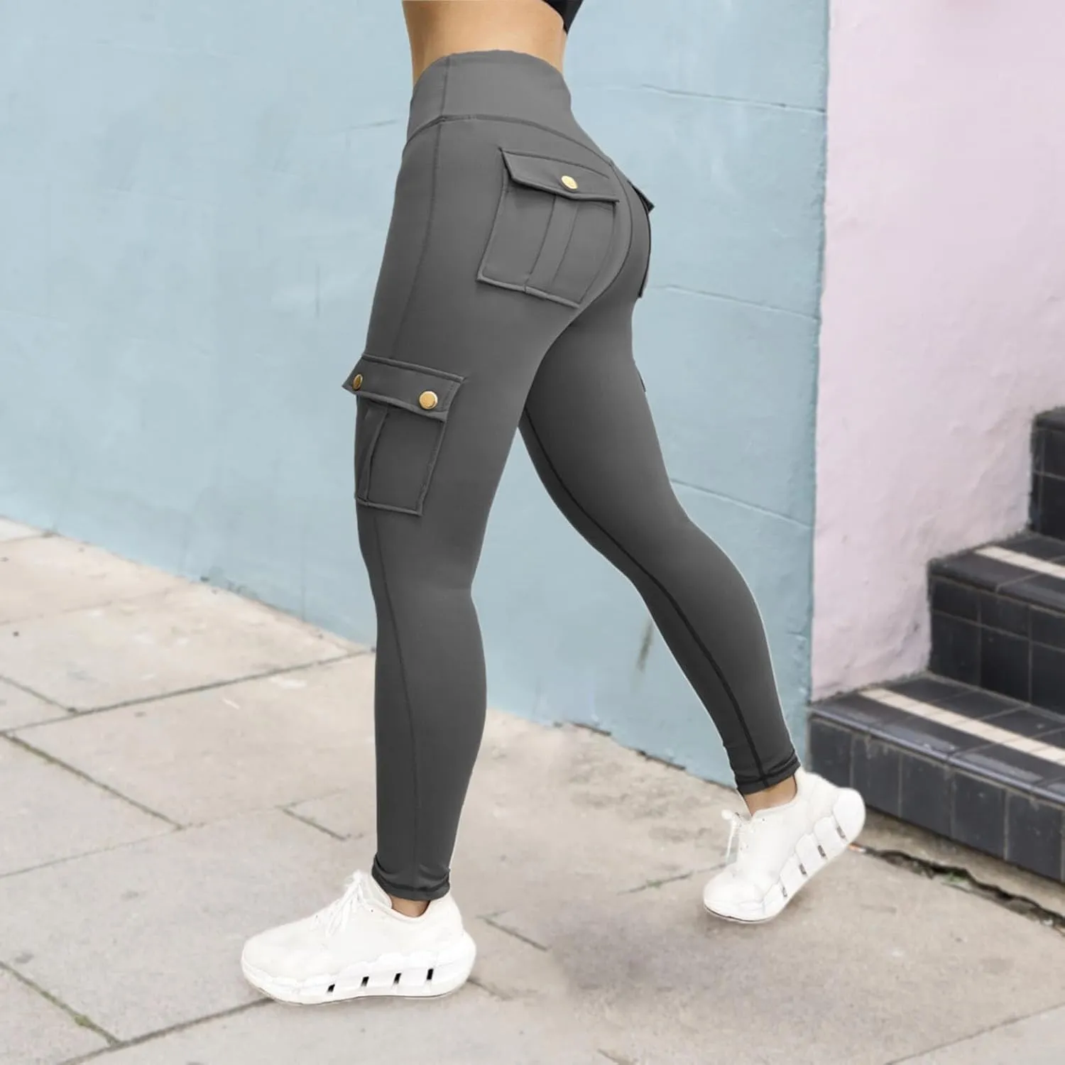Womens Cargo Leggings with Multiple Porkets High Waisted Tummy Control Stretchy Trousers Workout Running Yoga Pants