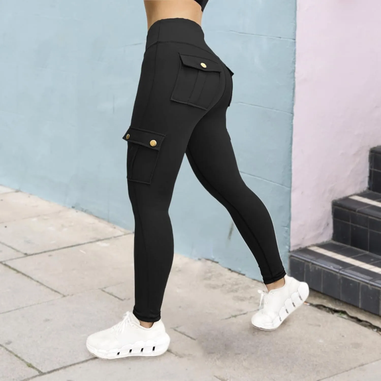 Womens Cargo Leggings with Multiple Porkets High Waisted Tummy Control Stretchy Trousers Workout Running Yoga Pants