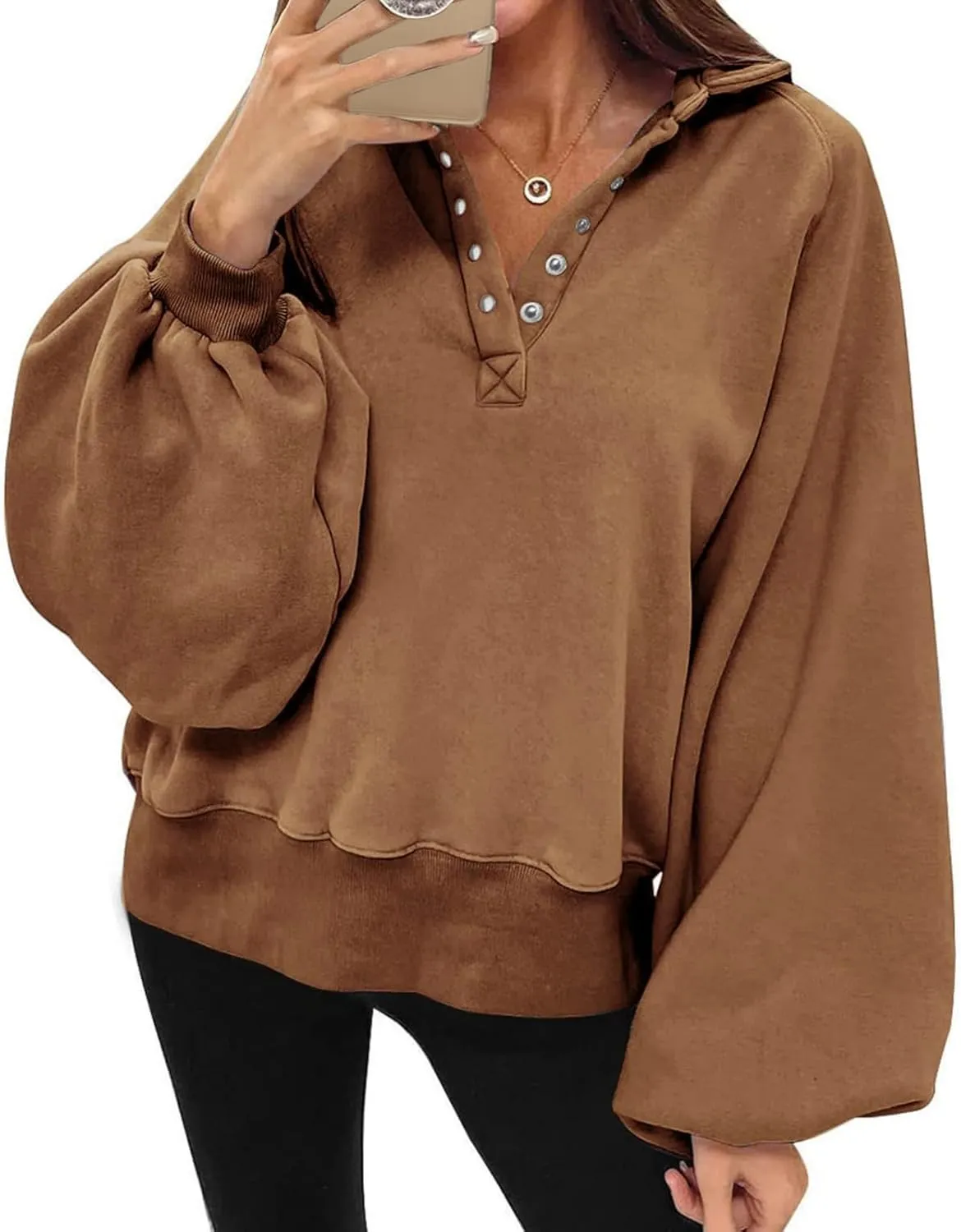 Womens Casual Button v Neck Hoodies Oversized Long Sleeve Hooded Pullover Sweatshirt Tops Fall Fashion Clothes 2023