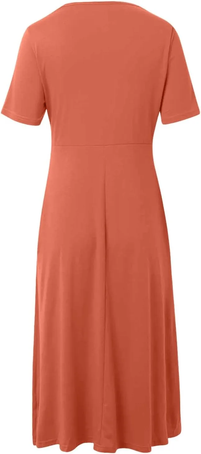 Womens Casual Dress for Summer Short Sleeve Pleated Dress Loose Flowy Beach Dress with Pockets Flare Midi Sundress