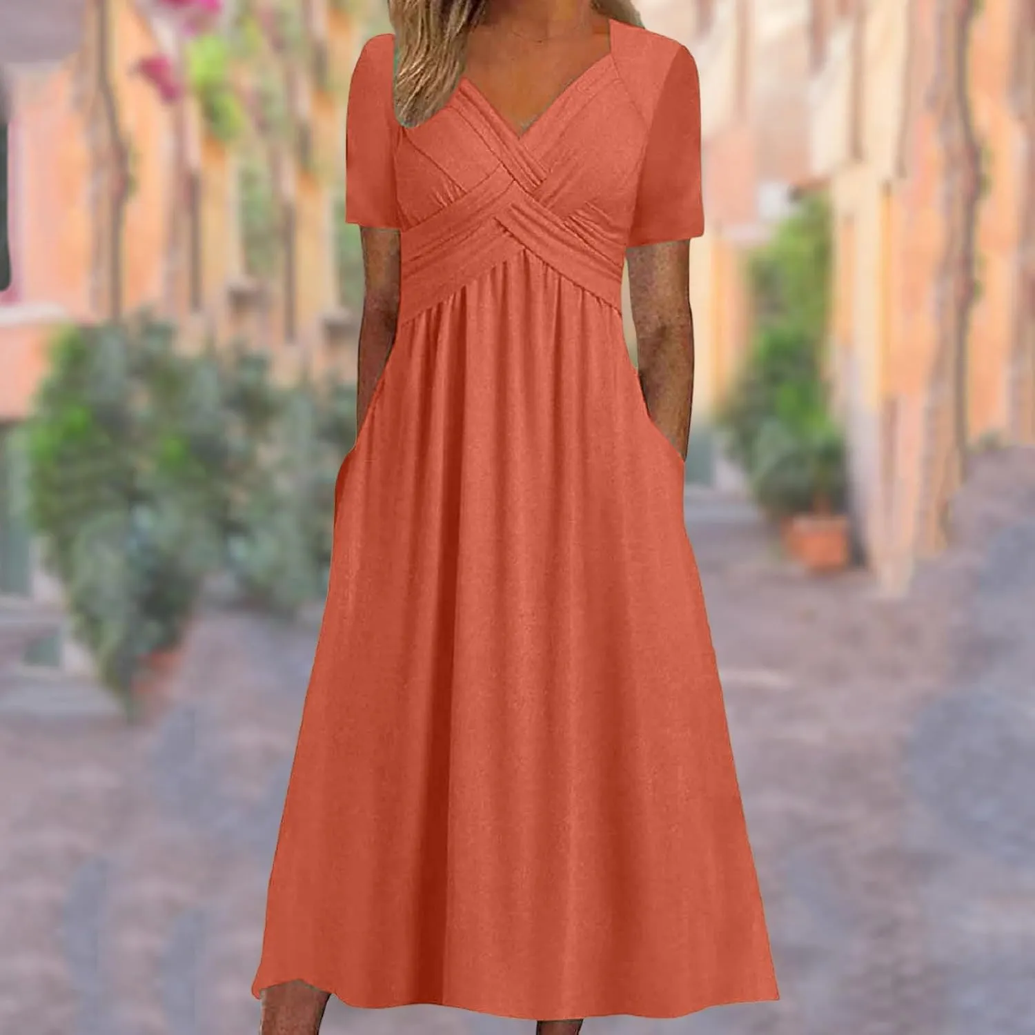 Womens Casual Dress for Summer Short Sleeve Pleated Dress Loose Flowy Beach Dress with Pockets Flare Midi Sundress