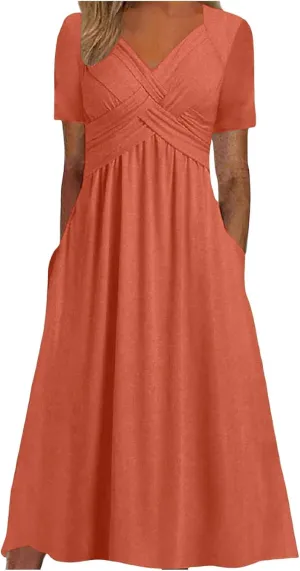 Womens Casual Dress for Summer Short Sleeve Pleated Dress Loose Flowy Beach Dress with Pockets Flare Midi Sundress