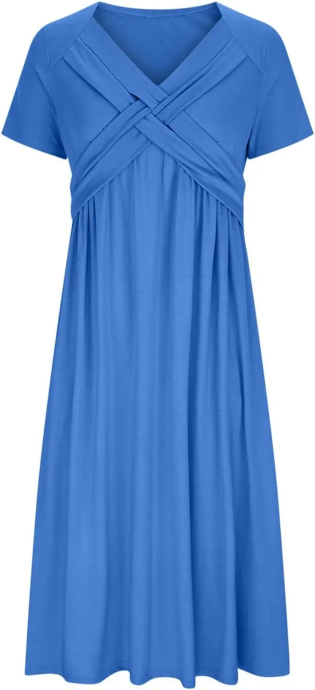 Womens Casual Dresses for Wedding Guest, Criss-Cross Front V Neck Beach Sundress Short Sleeve Maxi Dress with Pocket
