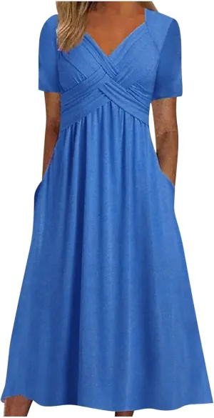 Womens Casual Dresses for Wedding Guest, Criss-Cross Front V Neck Beach Sundress Short Sleeve Maxi Dress with Pocket