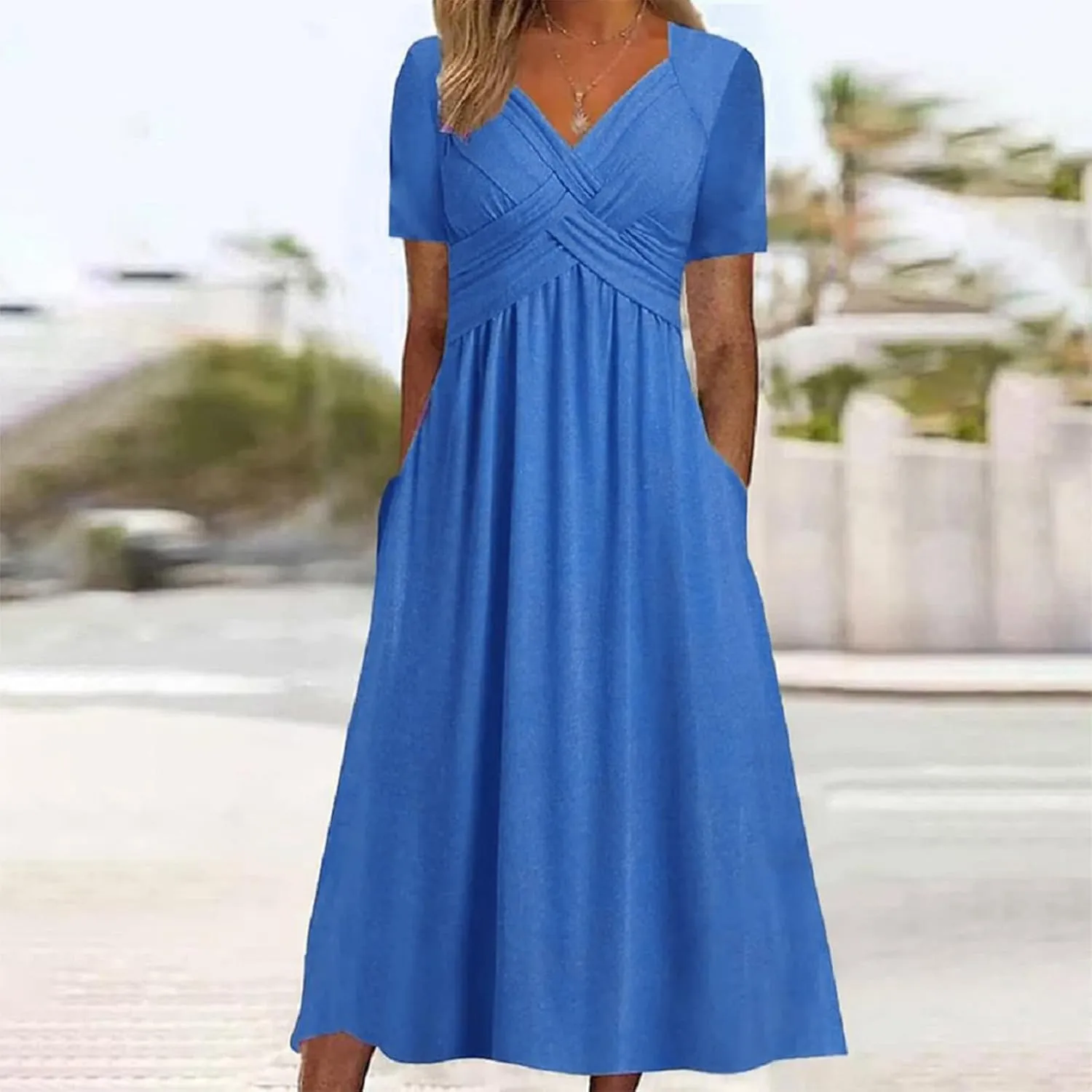 Womens Casual Dresses for Wedding Guest, Criss-Cross Front V Neck Beach Sundress Short Sleeve Maxi Dress with Pocket