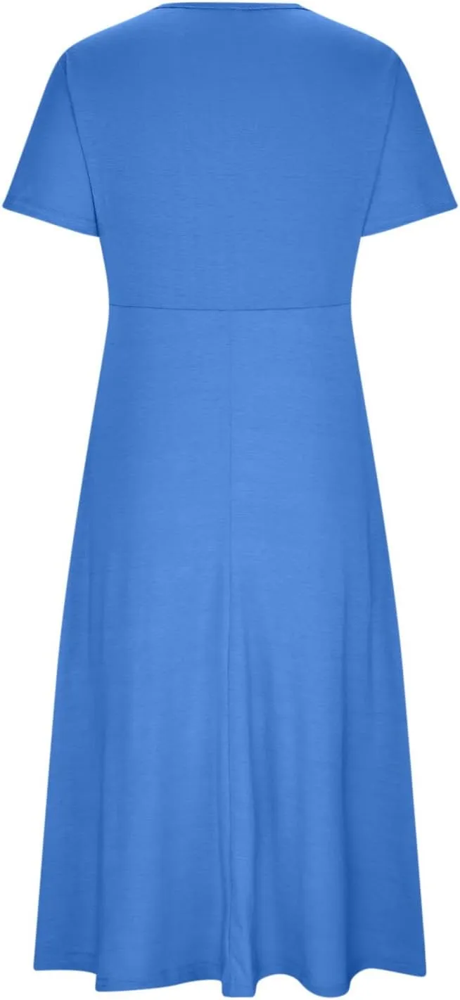 Womens Casual Dresses for Wedding Guest, Criss-Cross Front V Neck Beach Sundress Short Sleeve Maxi Dress with Pocket