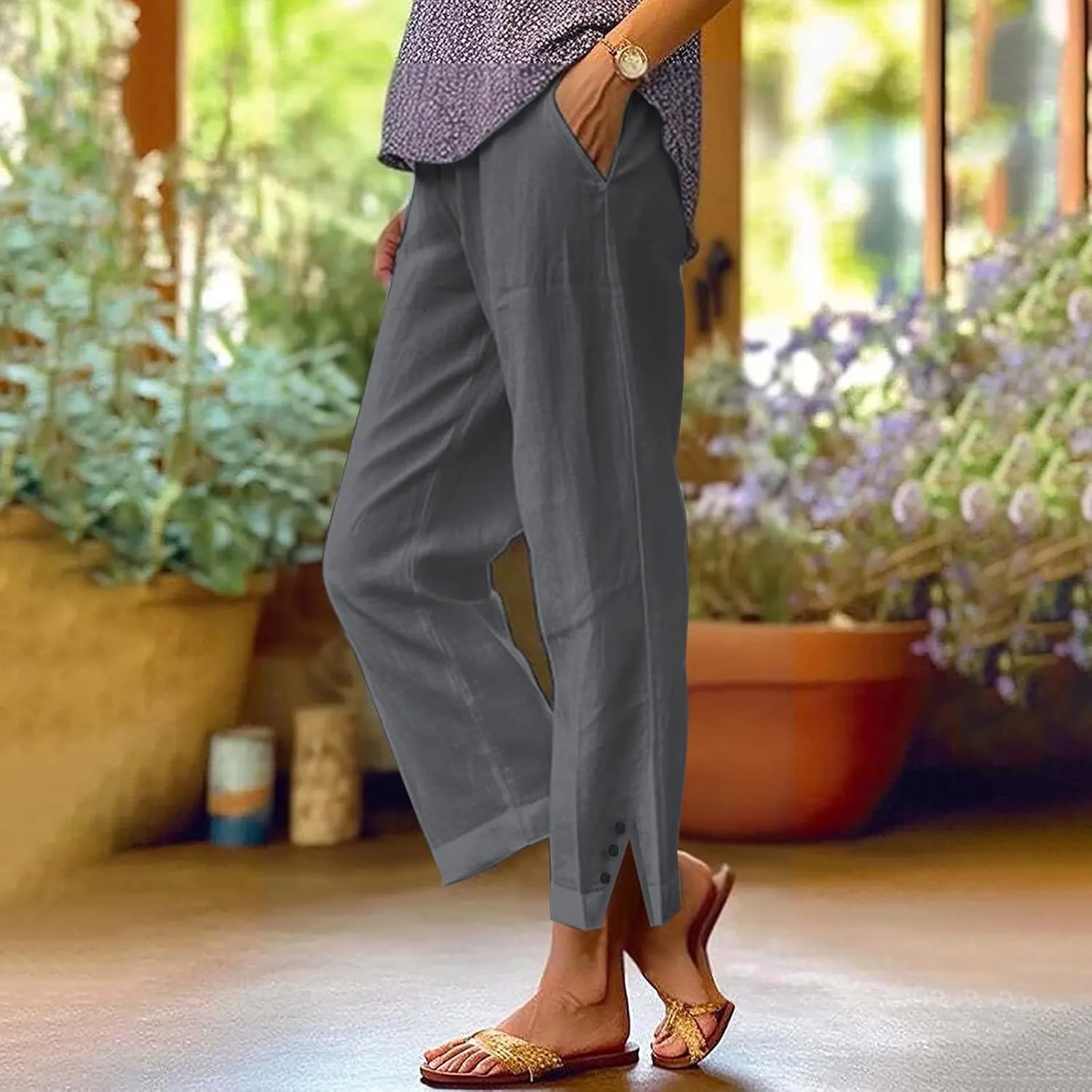 Womens Casual Linen High Waist Pants Plain Drawstring Loose Fit Summer Pants Trousers with Side Pockets