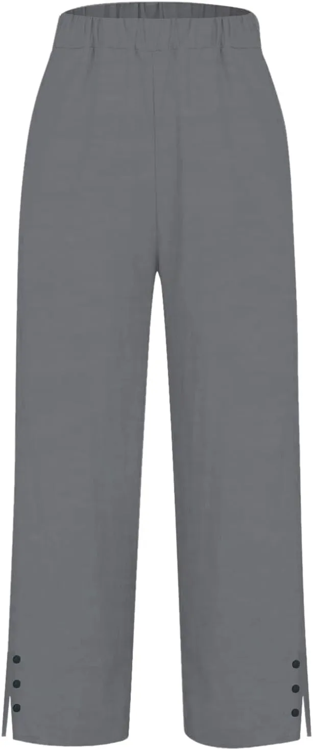 Womens Casual Linen High Waist Pants Plain Drawstring Loose Fit Summer Pants Trousers with Side Pockets