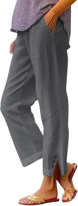 Womens Casual Linen High Waist Pants Plain Drawstring Loose Fit Summer Pants Trousers with Side Pockets