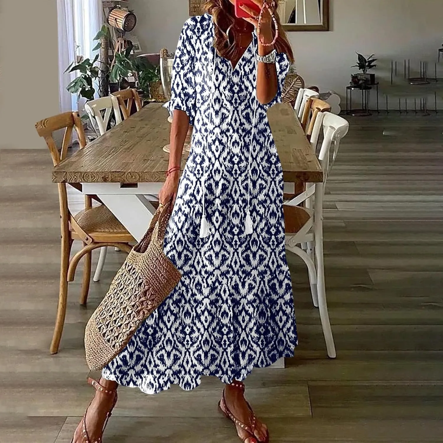 Women's Casual Loose Boho Floral Dresses 2025 Short Sleeve Drawstring V Neck Ruffle A Line Flowy Summer Beach Maxi Dress
