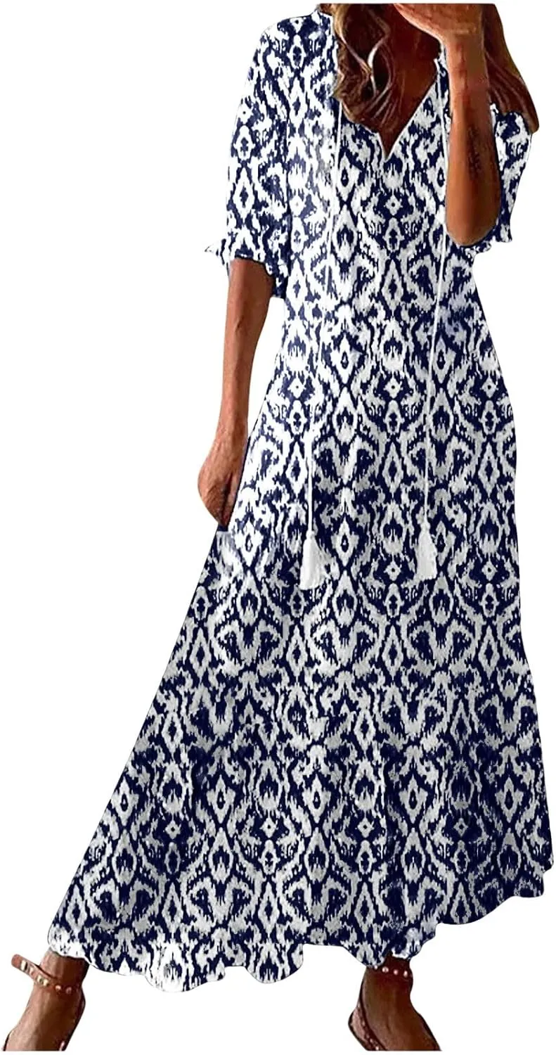 Women's Casual Loose Boho Floral Dresses 2025 Short Sleeve Drawstring V Neck Ruffle A Line Flowy Summer Beach Maxi Dress