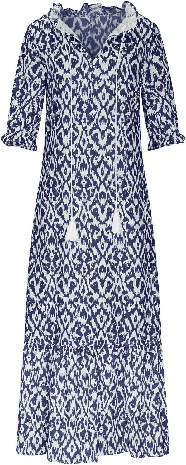Women's Casual Loose Boho Floral Dresses 2025 Short Sleeve Drawstring V Neck Ruffle A Line Flowy Summer Beach Maxi Dress