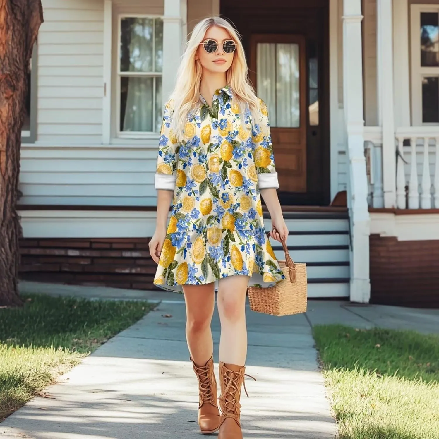 Womens Casual Shirt Dress Button Down V Neck Dress Long Sleeve Mini Shirt Dress with Pocket