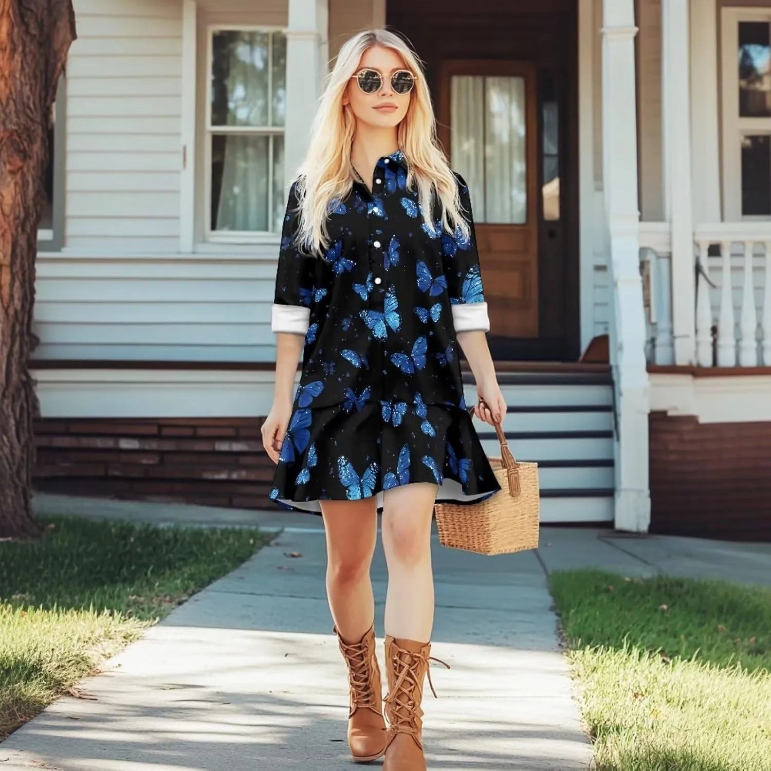 Womens Casual Shirt Dress Button Down V Neck Dress Long Sleeve Mini Shirt Dress with Pocket