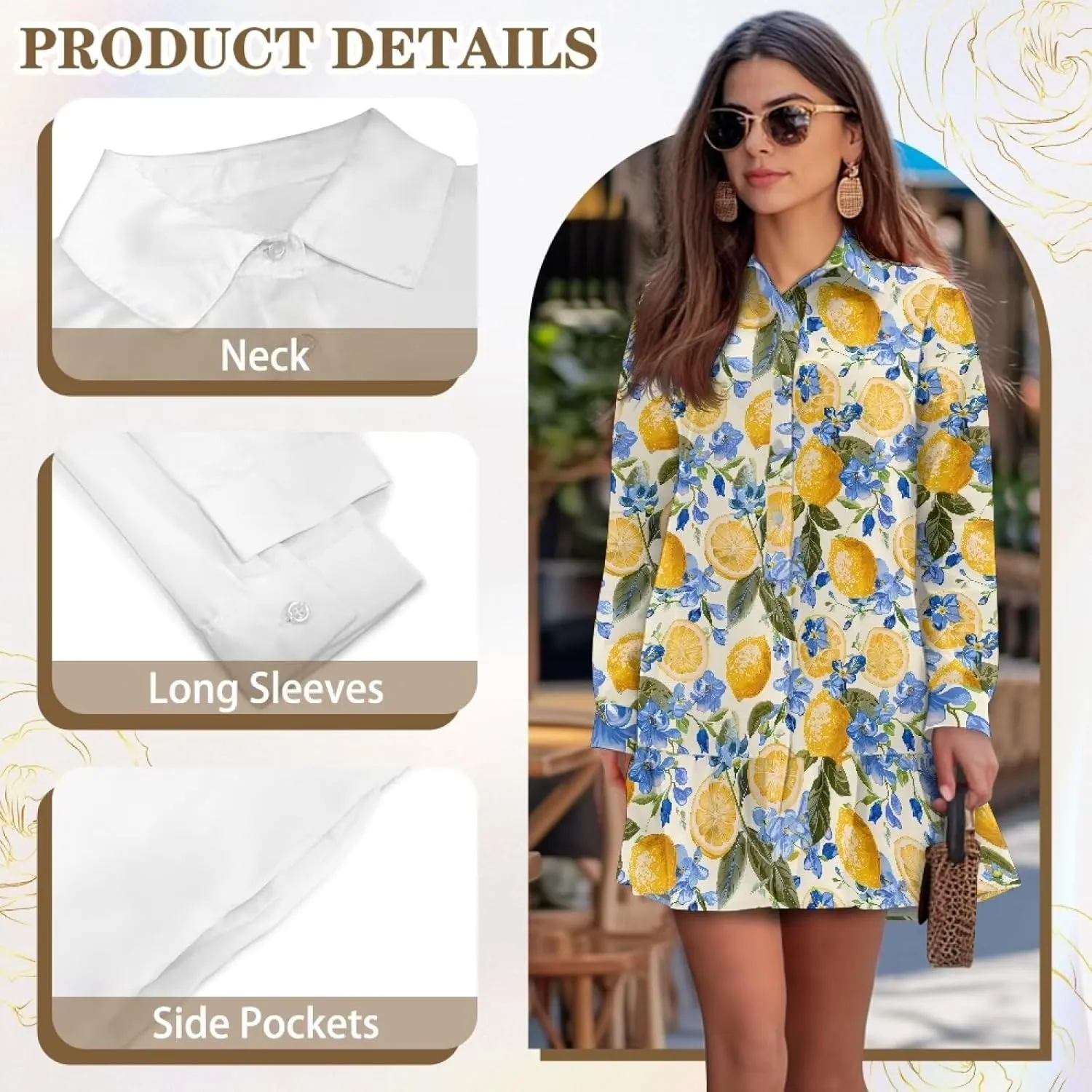 Womens Casual Shirt Dress Button Down V Neck Dress Long Sleeve Mini Shirt Dress with Pocket