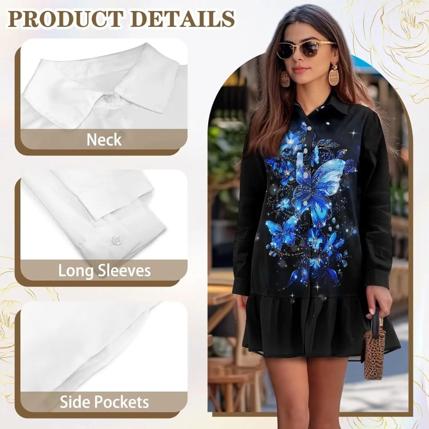 Womens Casual Shirt Dress Button Down V Neck Dress Long Sleeve Mini Shirt Dress with Pocket