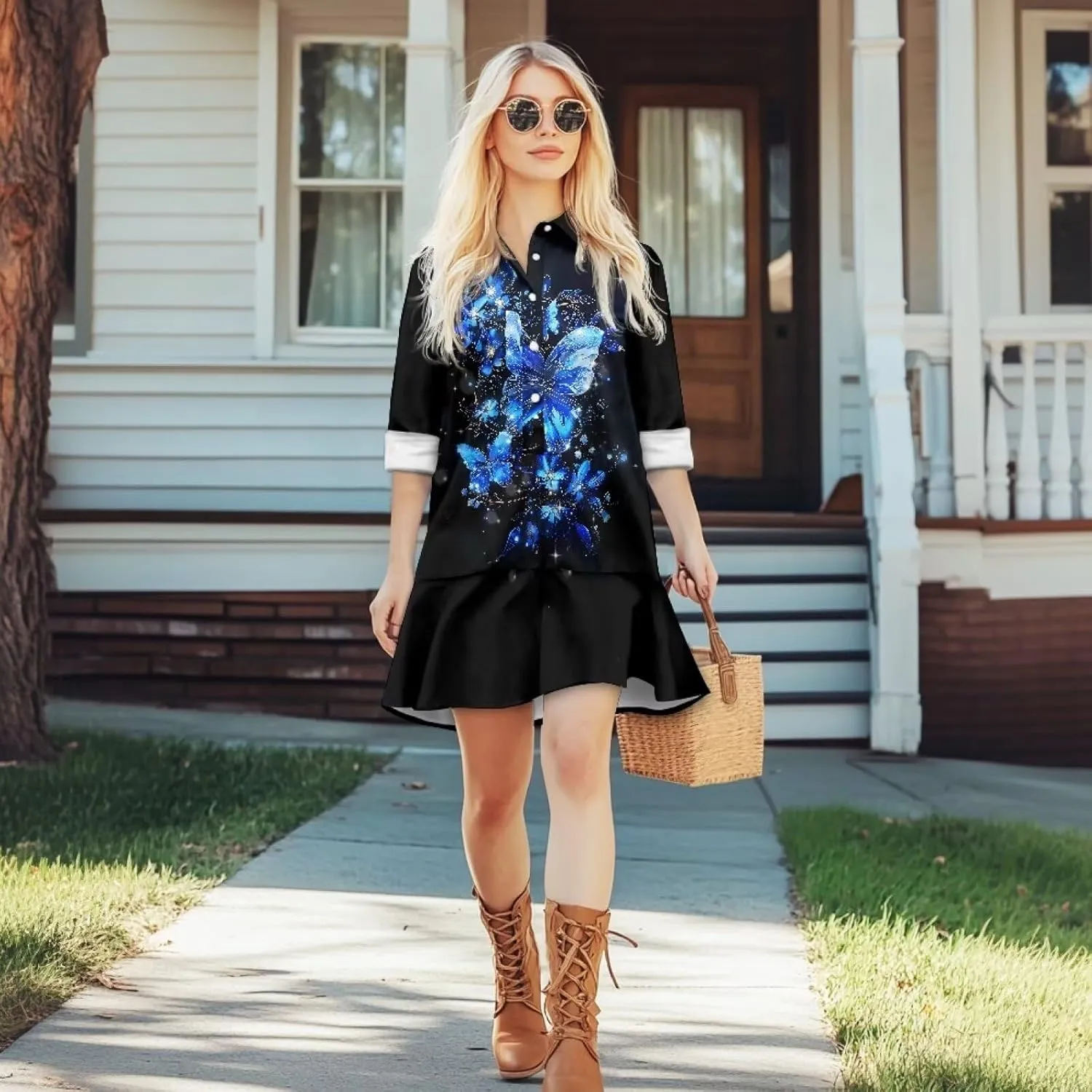 Womens Casual Shirt Dress Button Down V Neck Dress Long Sleeve Mini Shirt Dress with Pocket