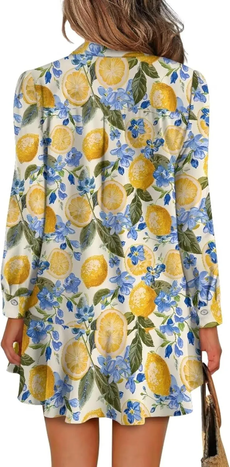 Womens Casual Shirt Dress Button Down V Neck Dress Long Sleeve Mini Shirt Dress with Pocket