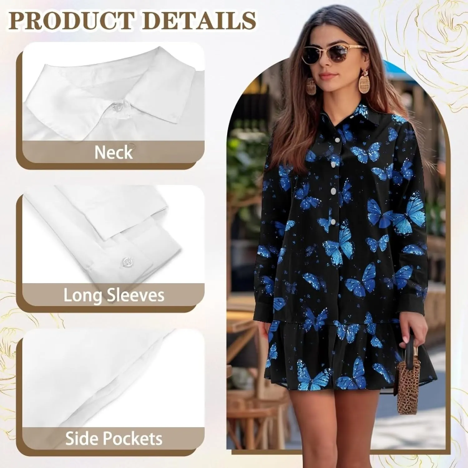 Womens Casual Shirt Dress Button Down V Neck Dress Long Sleeve Mini Shirt Dress with Pocket