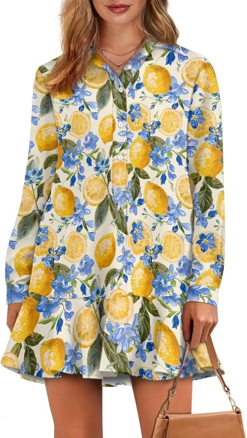 Womens Casual Shirt Dress Button Down V Neck Dress Long Sleeve Mini Shirt Dress with Pocket