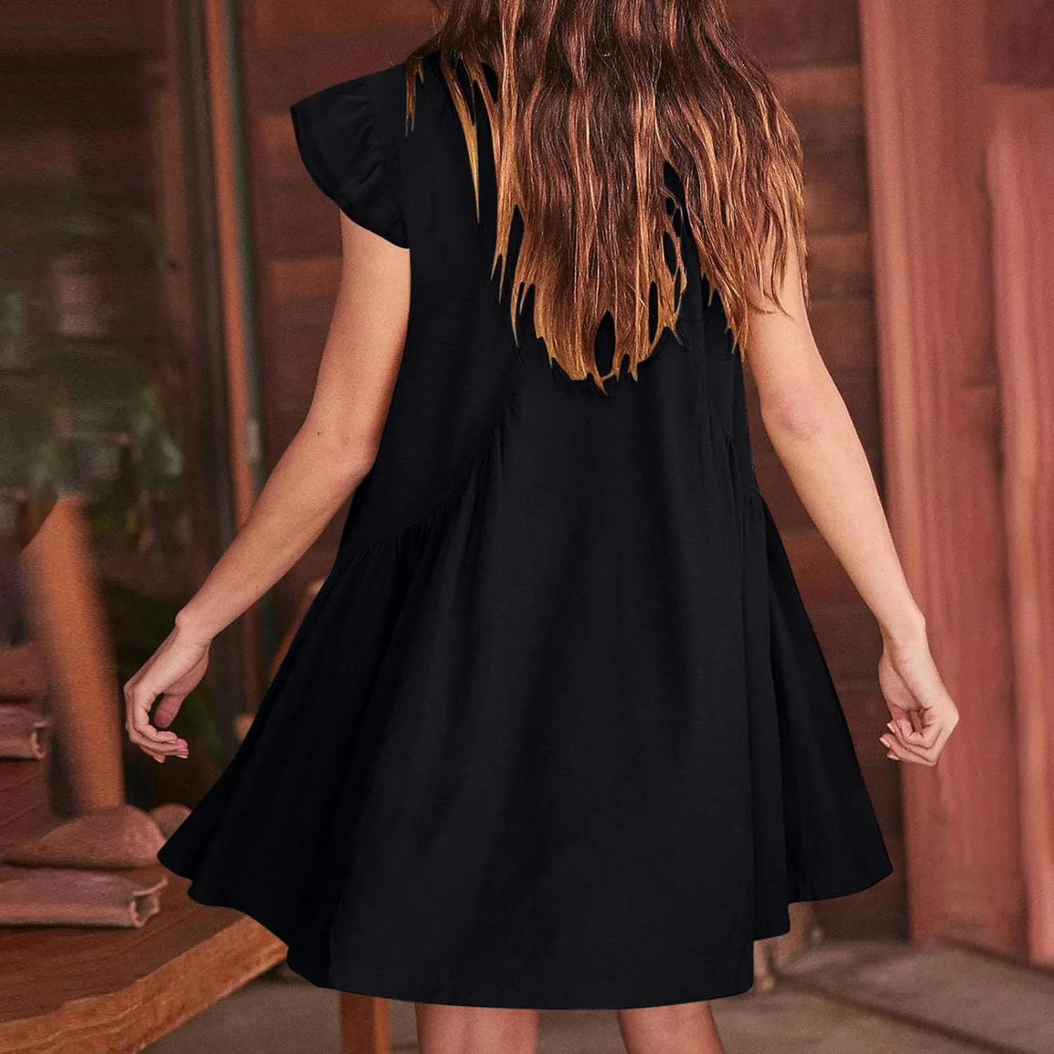 Womens Casual Short Dress Flutter Short Sleeve Ruffle Dresses Trendy Flowy V-Neck Swing Dress A-Line Mini Sundress