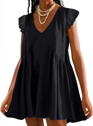 Womens Casual Short Dress Flutter Short Sleeve Ruffle Dresses Trendy Flowy V-Neck Swing Dress A-Line Mini Sundress