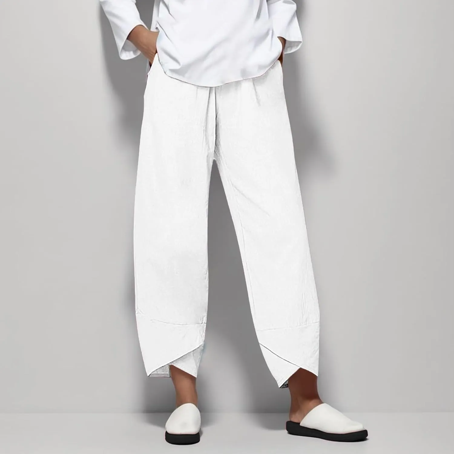 Womens Cotton Linen Casual Summer Capri Pants Printed Cropped Comfy Baggy Trousers with Pockets Palazzo Lounge Pants