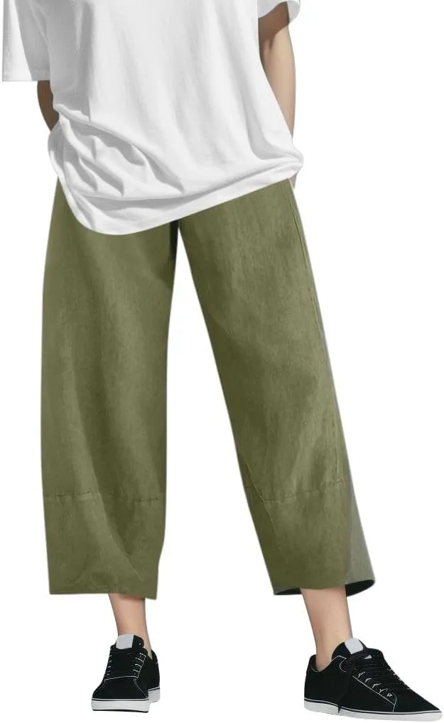 Womens Cotton Linen Casual Summer Capri Pants Printed Cropped Comfy Baggy Trousers with Pockets Palazzo Lounge Pants