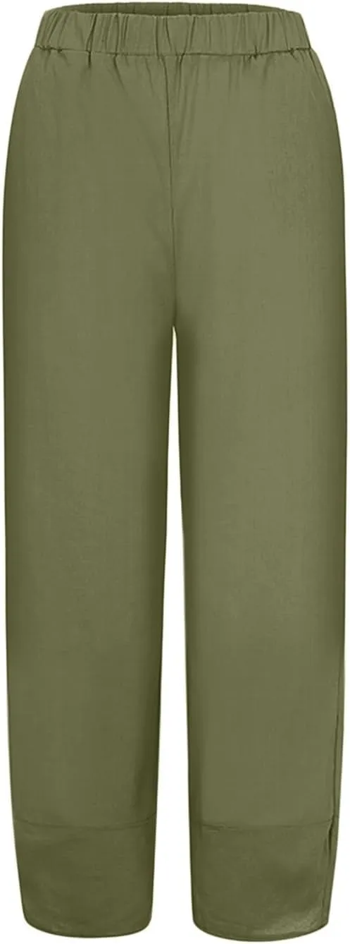 Womens Cotton Linen Casual Summer Capri Pants Printed Cropped Comfy Baggy Trousers with Pockets Palazzo Lounge Pants