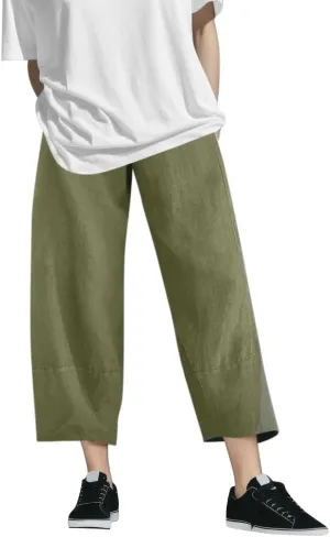 Womens Cotton Linen Casual Summer Capri Pants Printed Cropped Comfy Baggy Trousers with Pockets Palazzo Lounge Pants