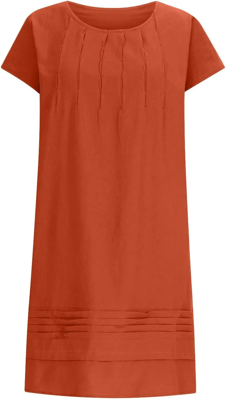 Women's Cotton Linen Dress Pleated Summer Dresses Round Neck Short Sleeve Sundress Beach Vacation Casual Mini Dress