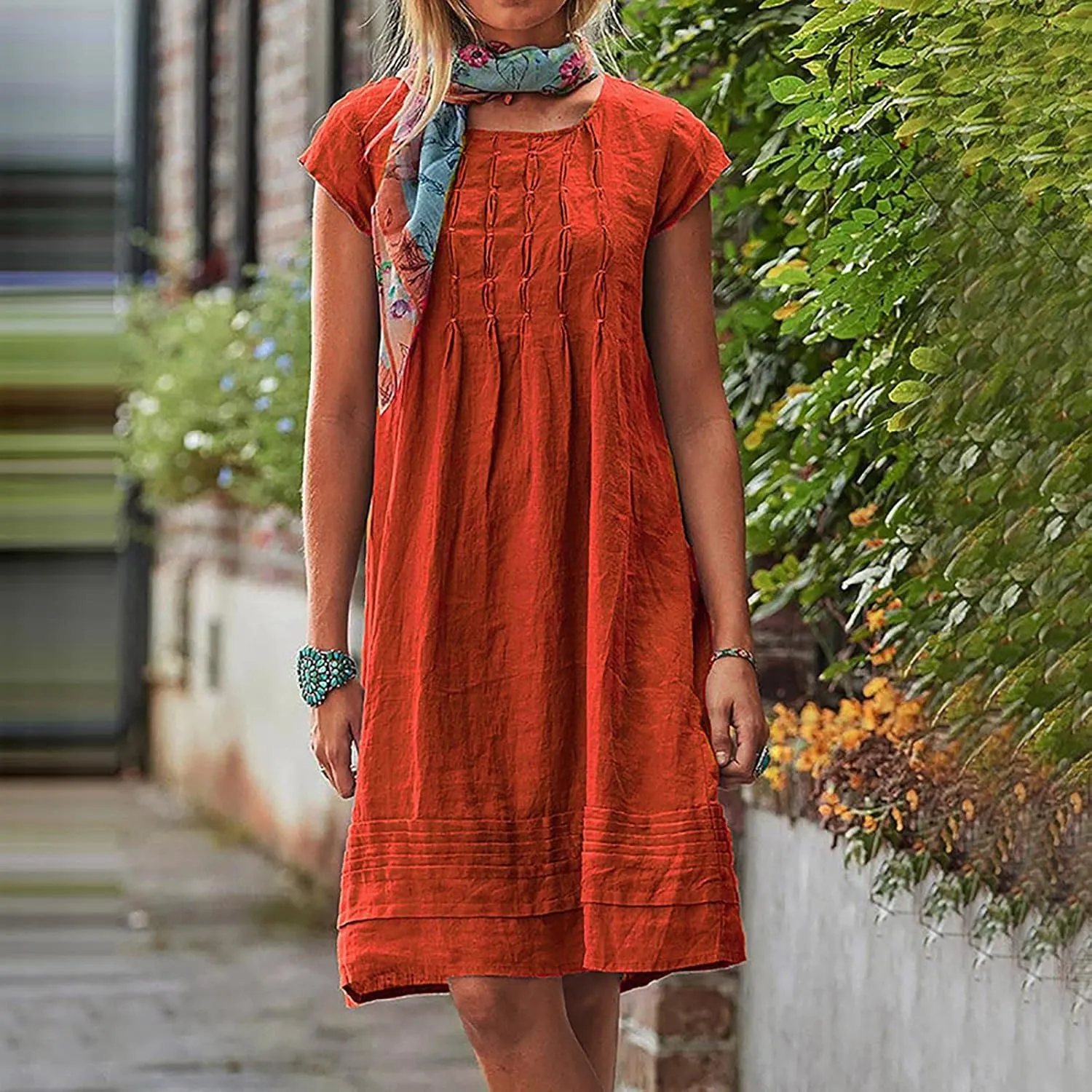 Women's Cotton Linen Dress Pleated Summer Dresses Round Neck Short Sleeve Sundress Beach Vacation Casual Mini Dress