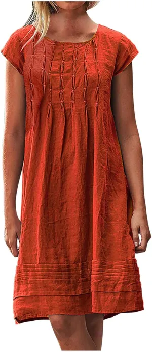Women's Cotton Linen Dress Pleated Summer Dresses Round Neck Short Sleeve Sundress Beach Vacation Casual Mini Dress