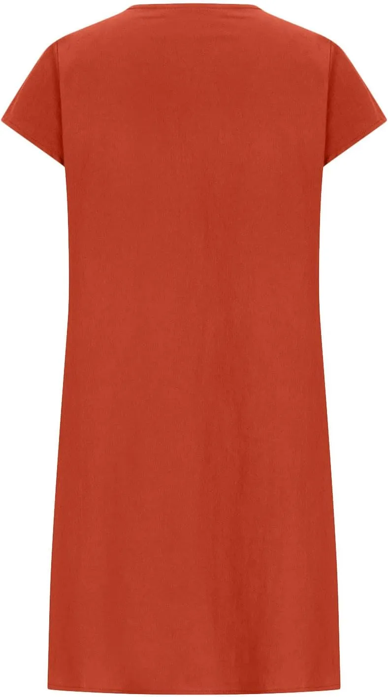 Women's Cotton Linen Dress Pleated Summer Dresses Round Neck Short Sleeve Sundress Beach Vacation Casual Mini Dress