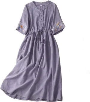 Women's Cotton Linen Dresses Summer Embroidered Sleeve A Line Comfy Cotton Maxi Dress Trendy Summer Vacation Clothes