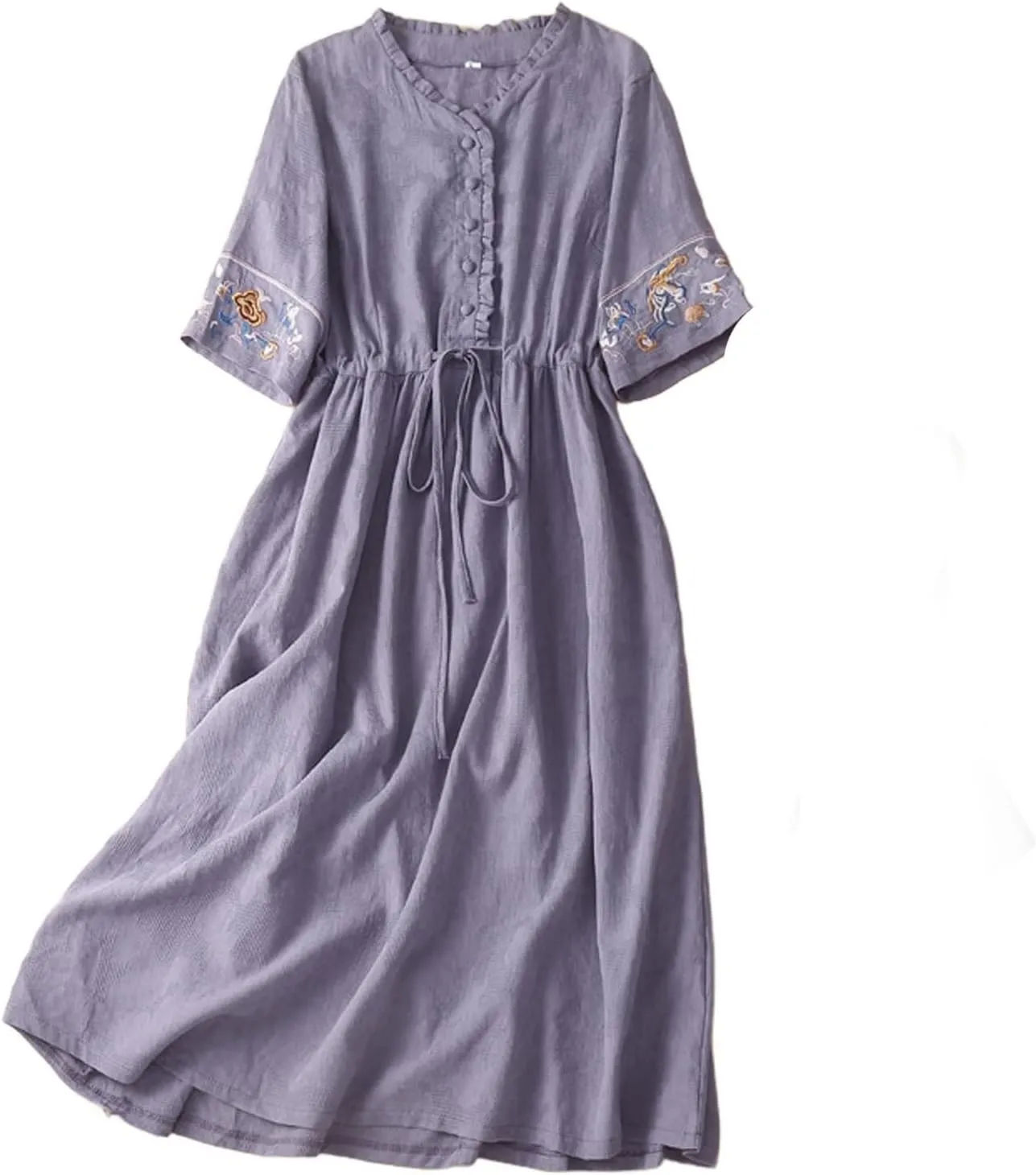 Women's Cotton Linen Dresses Summer Embroidered Sleeve A Line Comfy Cotton Maxi Dress Trendy Summer Vacation Clothes
