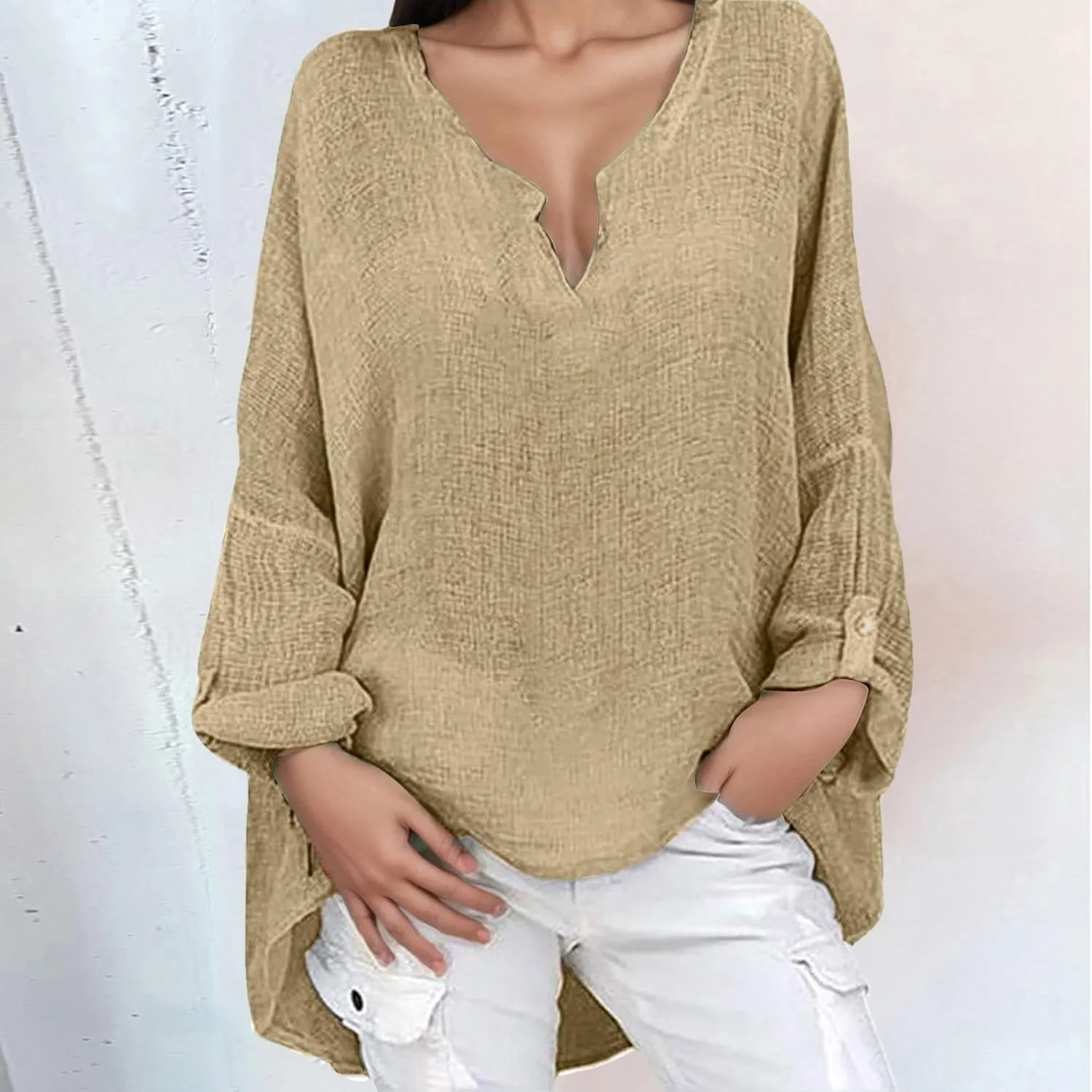 Womens Cotton Linen Shirt Dressy Casual Oversized V Neck Long Sleeve Gauze Shirts Loose Fit Boho Beach Tops
