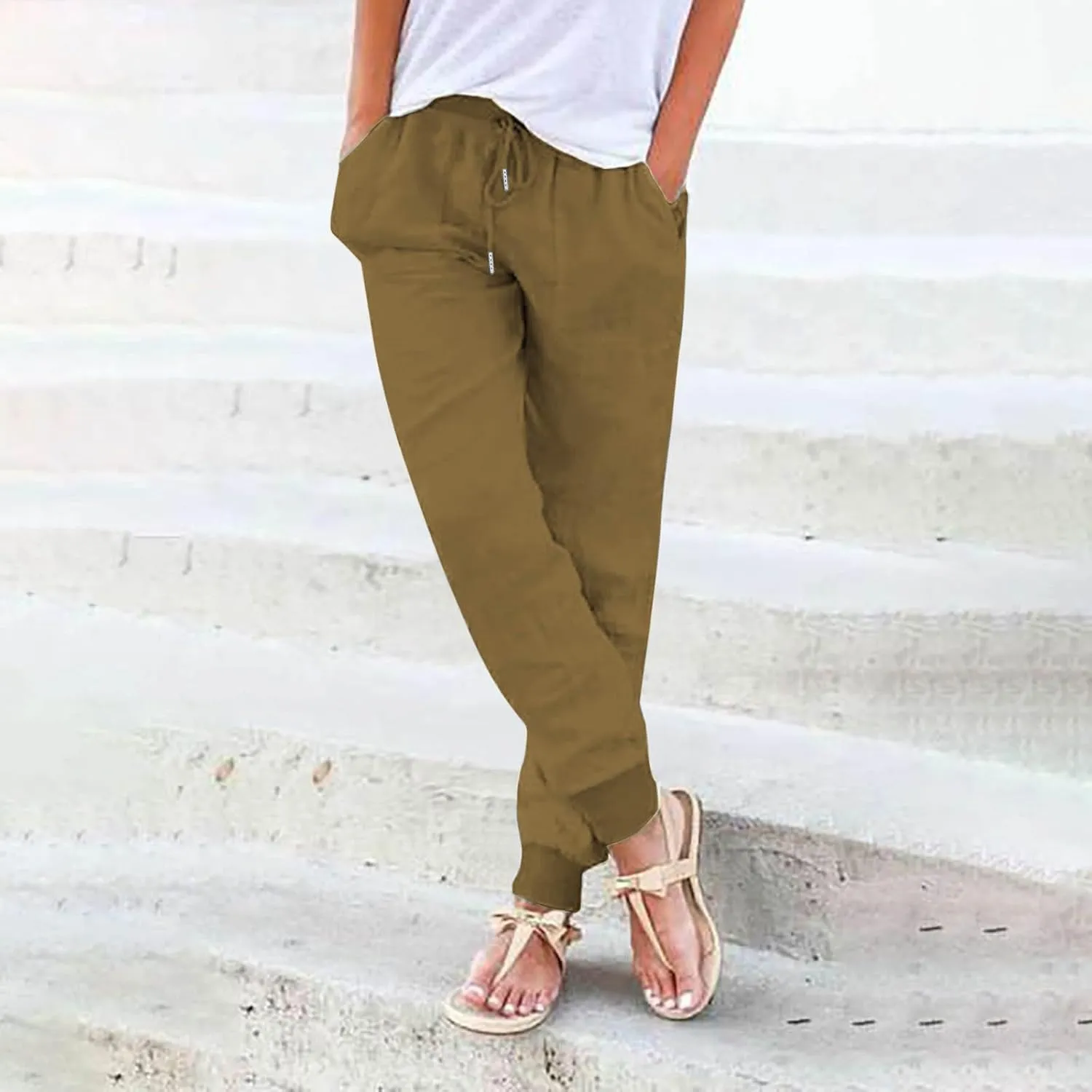 Women's Cotton Linen Summer Boho Palazzo Lounge Pants Elastic Waist Baggy Stretchy Slim Fit Trouser Vacation