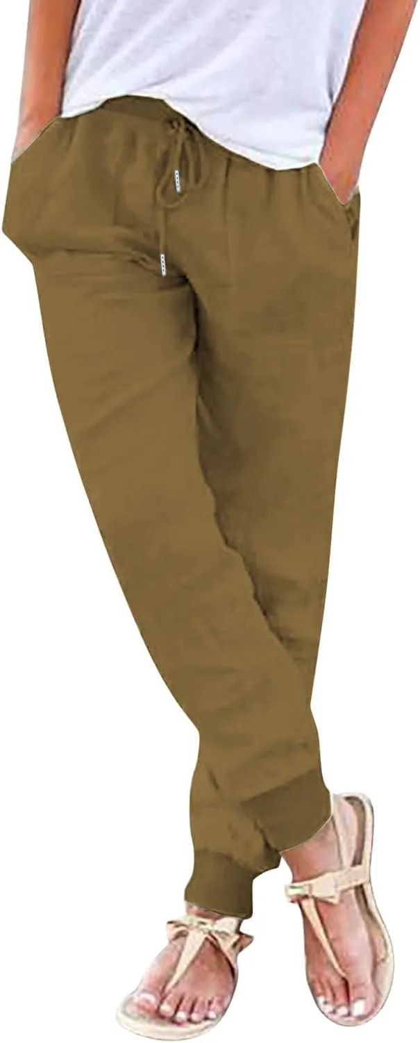 Women's Cotton Linen Summer Boho Palazzo Lounge Pants Elastic Waist Baggy Stretchy Slim Fit Trouser Vacation